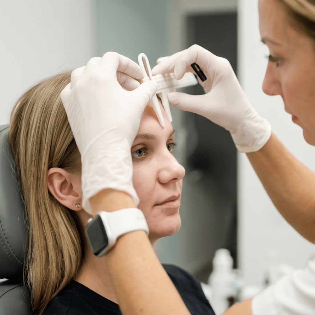 Práctica de micropigmentación de cejas en una modelo durante el curso en Tenerife.