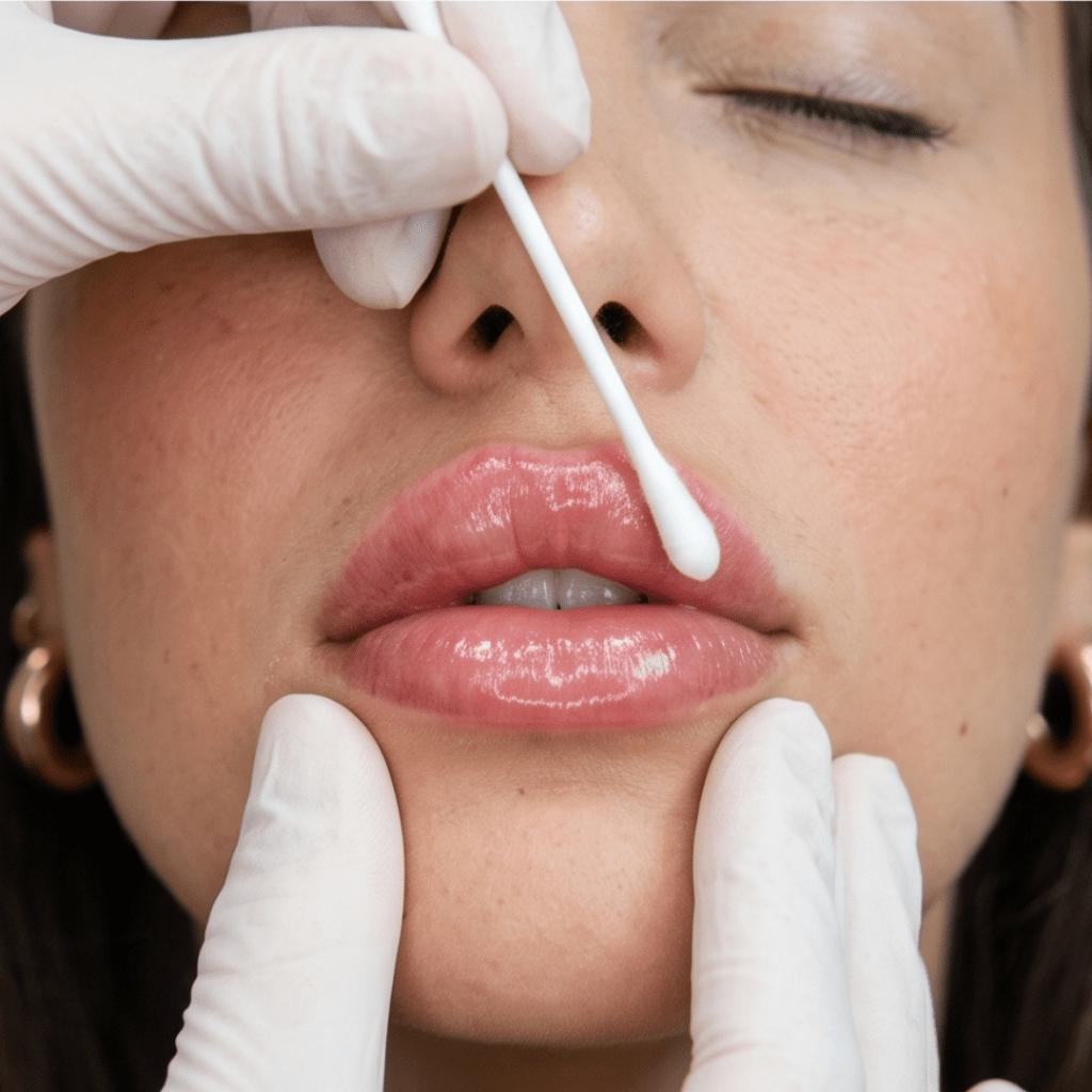Preparación de los labios de una modelo antes de la micropigmentación.